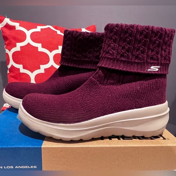 Skechers Burgundy Knit Ankle Boots - Picture 3 of 9
